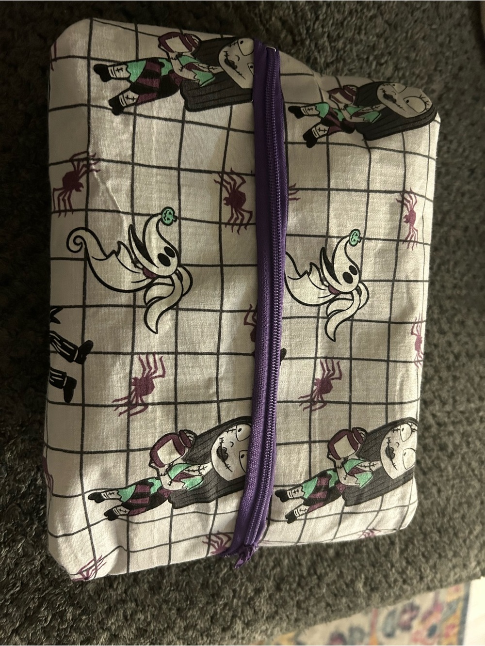 Hand Crafted Nightmare Before Christmas White Cosmetic Bag with Purple Zipper